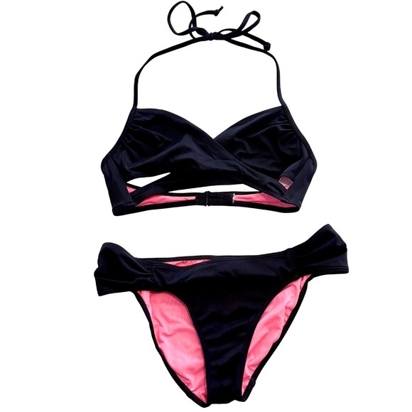 PINK Victoria's Secret Other - Victoria's Secret PINK Black Cutout Bikini Set Pink Lining Halter Wrap Y2K – XS
